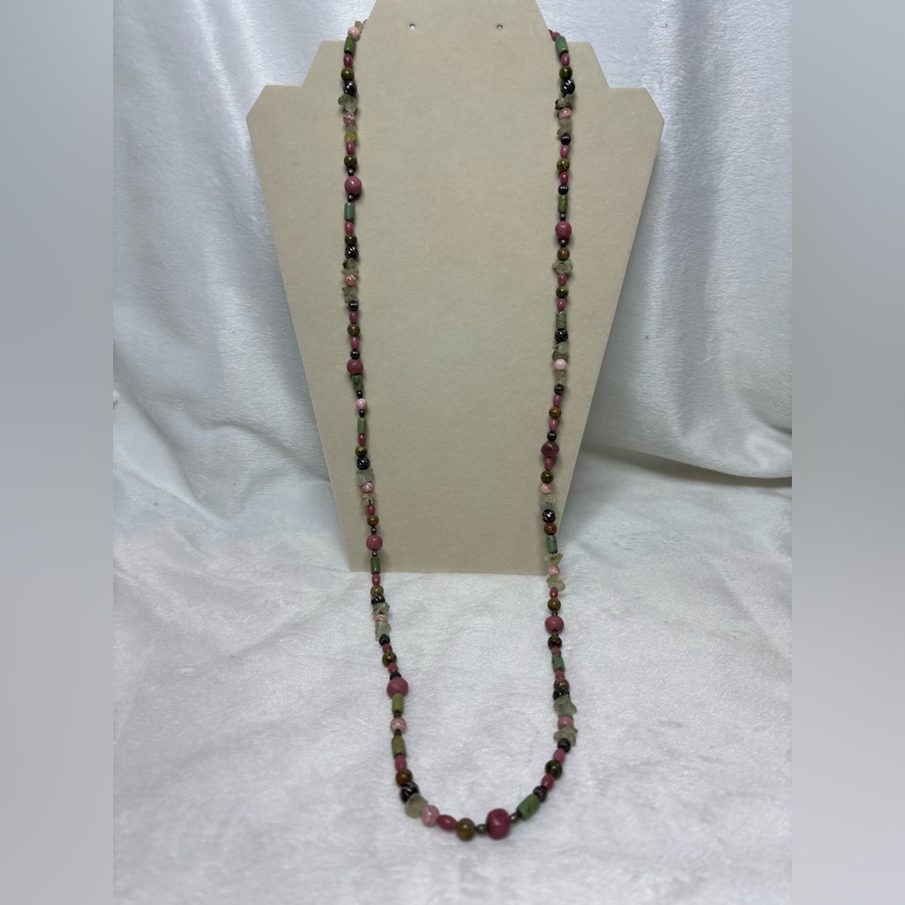 Sterling Carolyn Pollack Shades of Green & Pink Gemstone Beaded Necklace 36 in - Picture 2 of 5